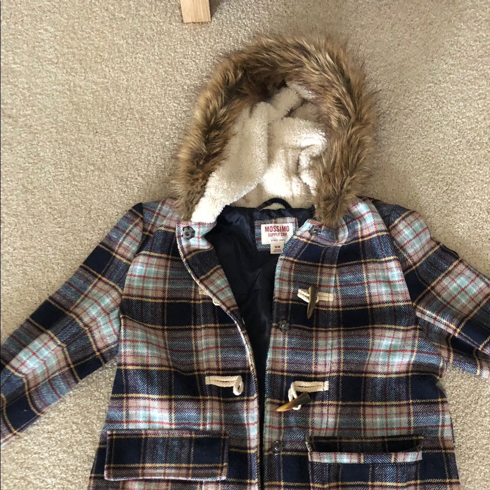 Mossimo Plaid coat with fur hood - size M